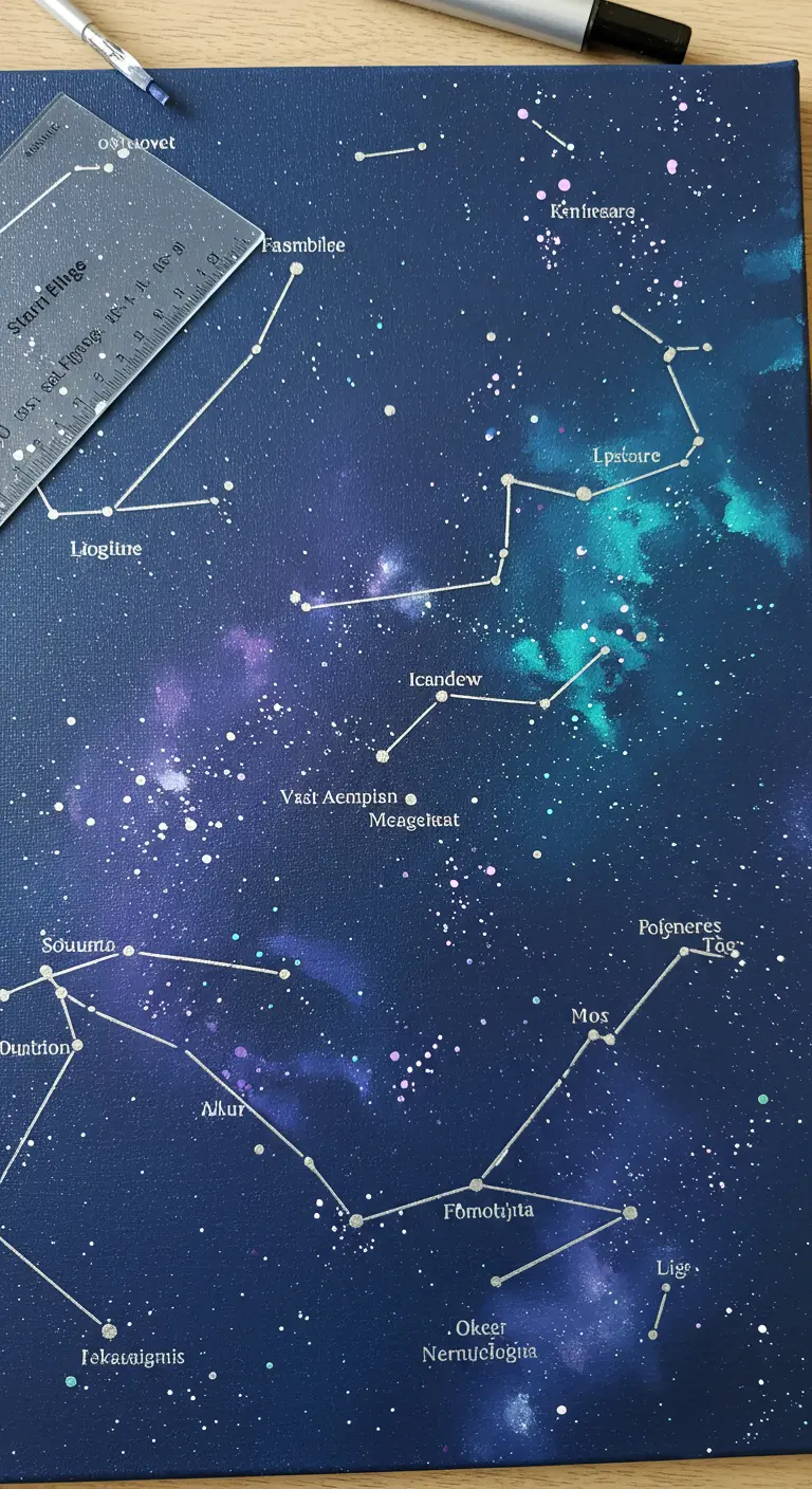 Pintura de un cielo estrellado con constelaciones dibujadas en líneas plateadas.