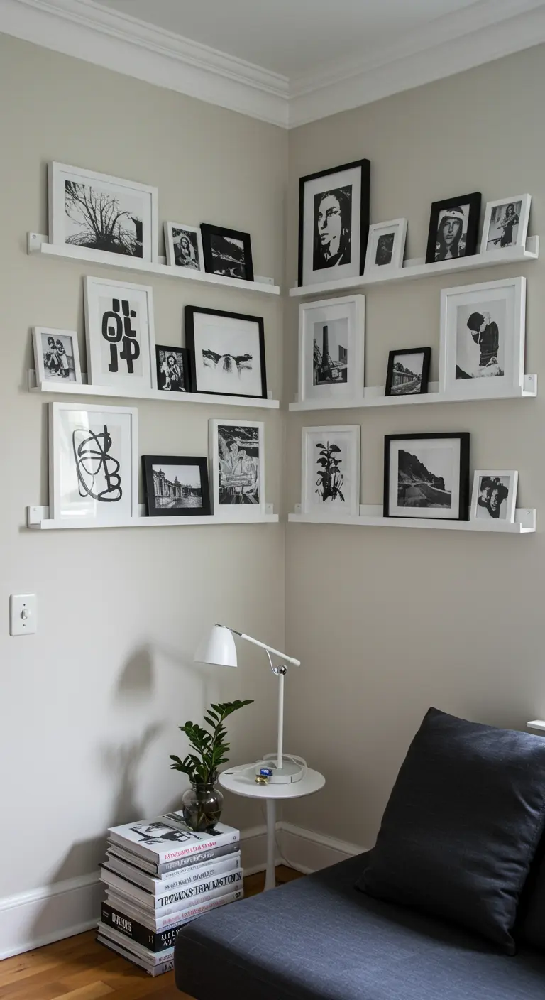 Galería de fotos en blanco y negro en estantes blancos que continúan en una esquina de la pared.