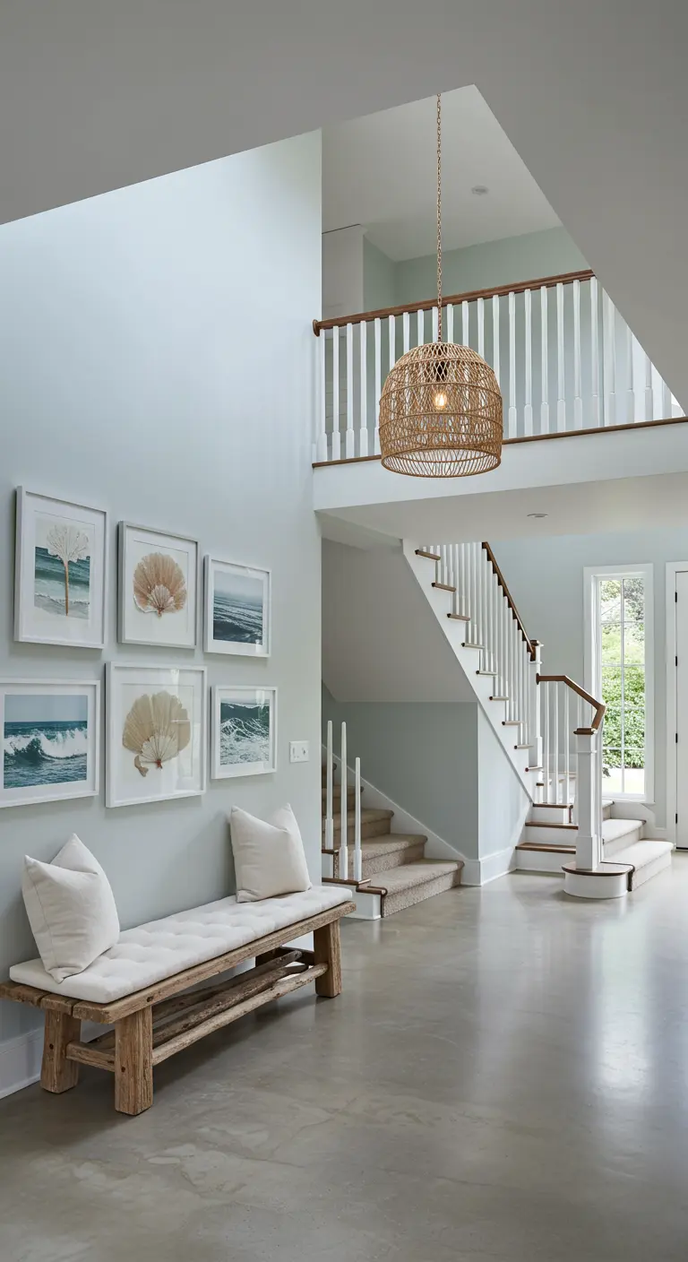 Entrada de doble altura con banco de madera rústica y galería de cuadros marinos.