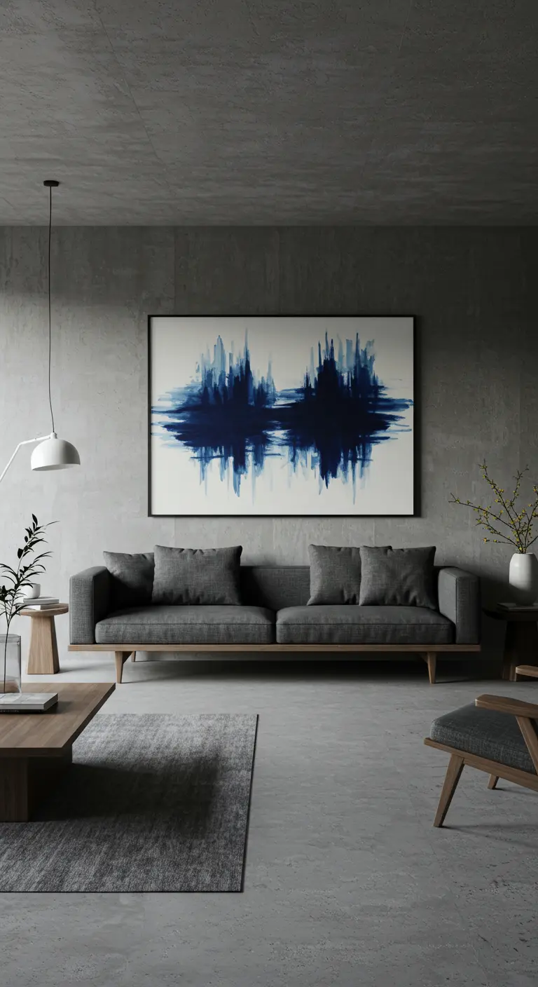 Sala minimalista con paredes de hormigón, sofá gris y un gran cuadro abstracto en azul índigo.