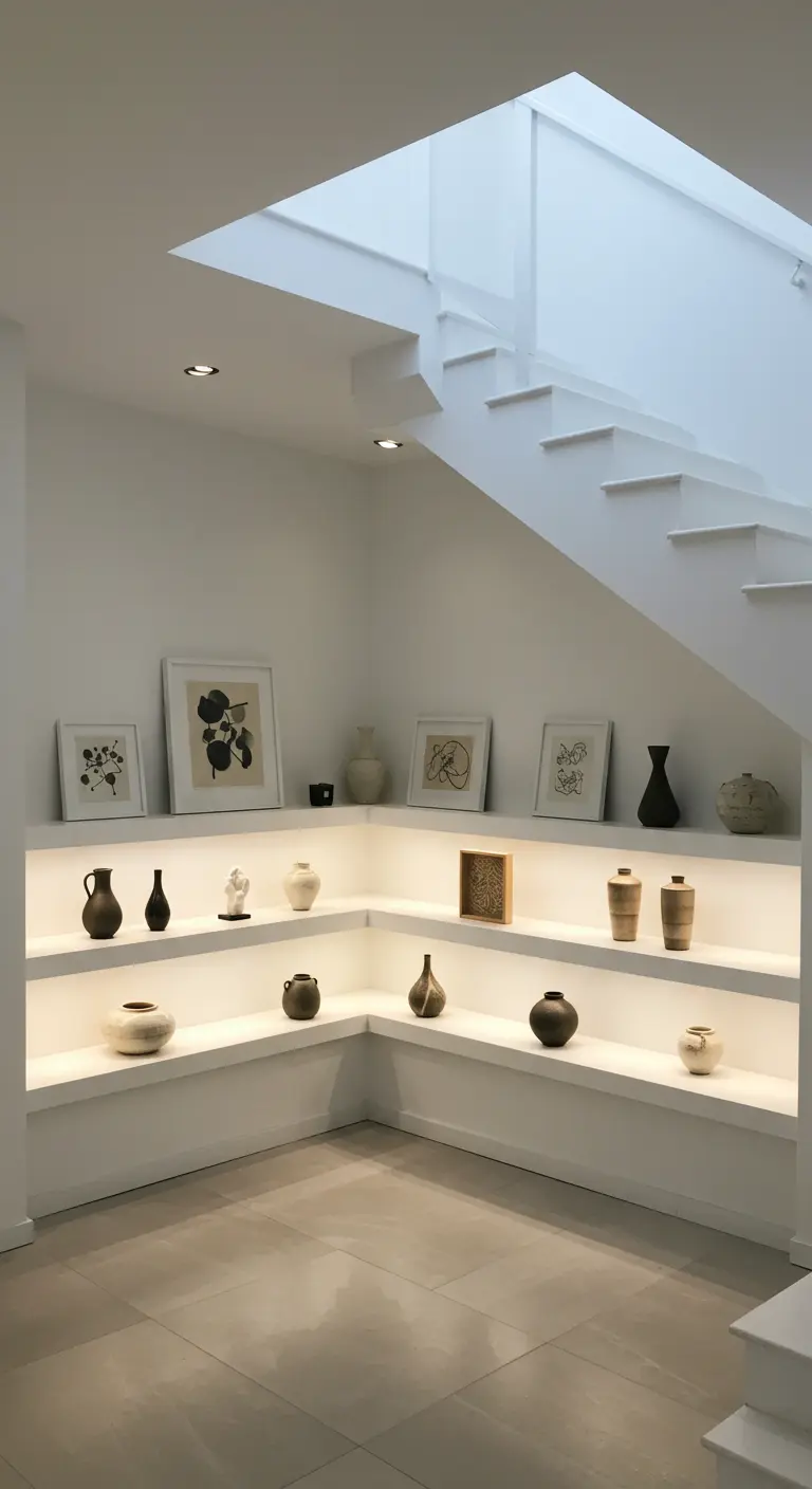Estanterías blancas iluminadas bajo una escalera exhibiendo cerámica y arte