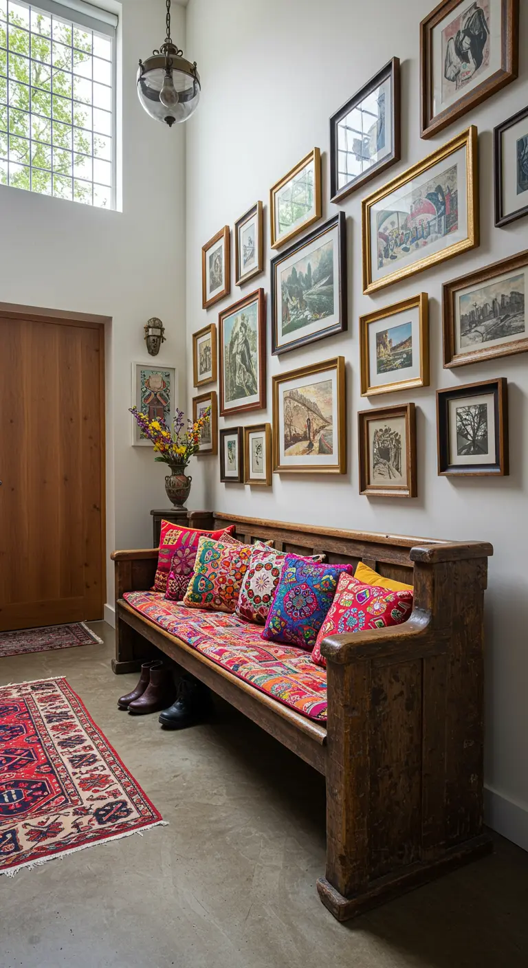 Banco de madera oscura bajo una pared llena de cuadros, con cojines de estilo bohemio muy coloridos.