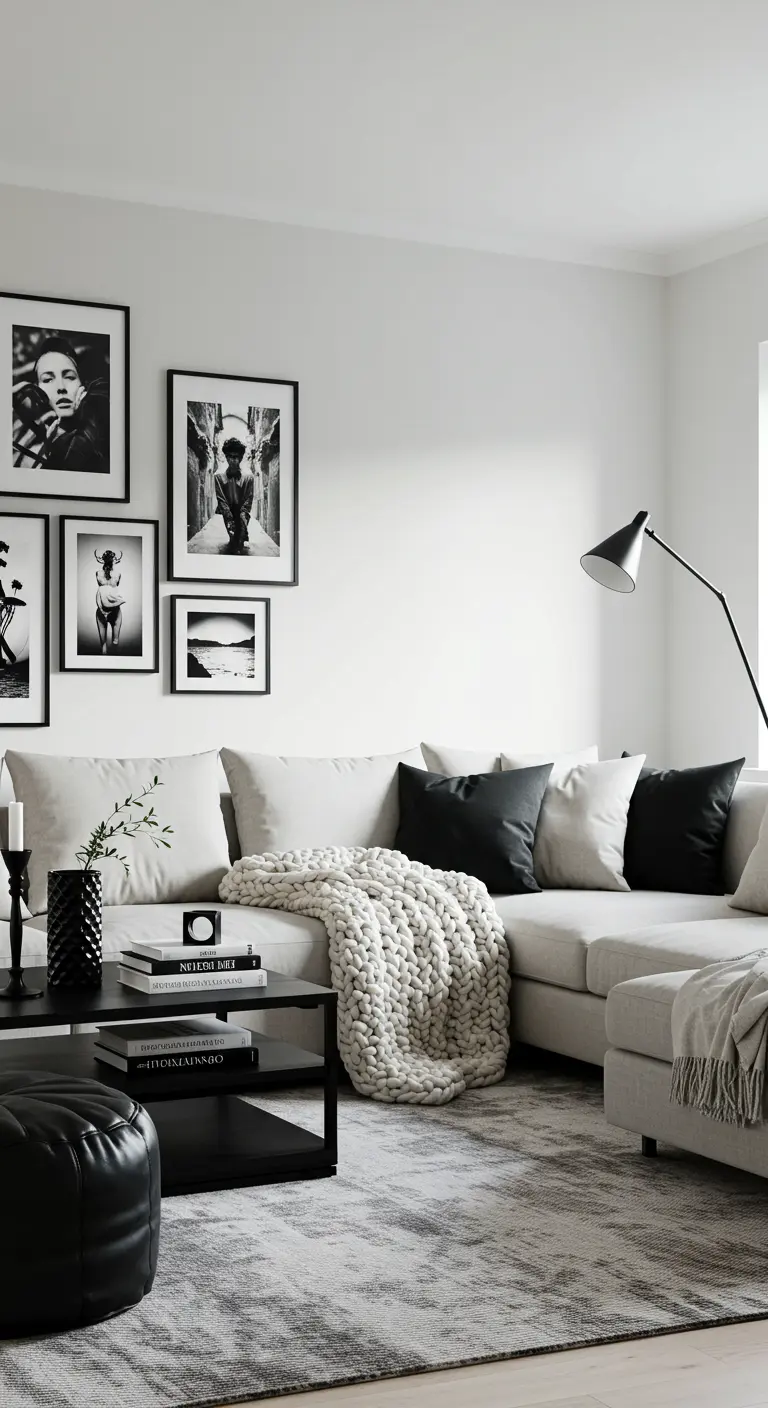 Pared de galería con marcos negros y fotografías en blanco y negro sobre un sofá seccional.