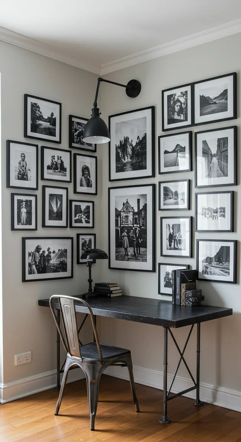 Pared de galería con fotos en blanco y negro sobre un escritorio de metal.