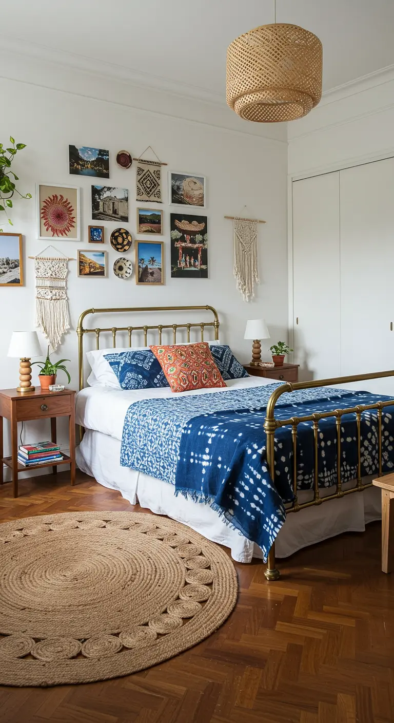 Pared de dormitorio con una galería de cuadros, fotos y textiles sobre una cama de latón.