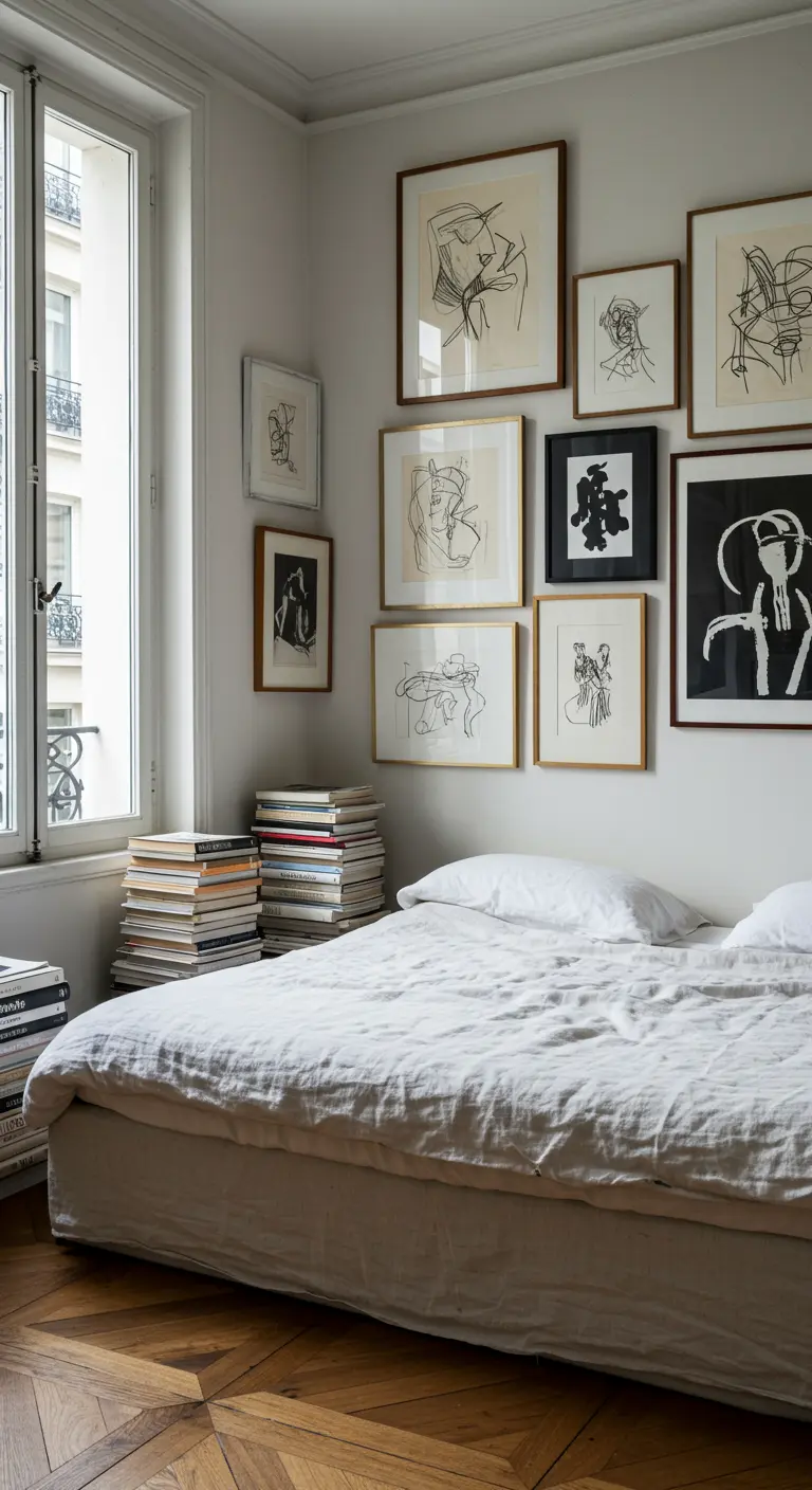 Pared de galería con marcos variados y dibujos lineales sobre una cama con libros apilados al lado