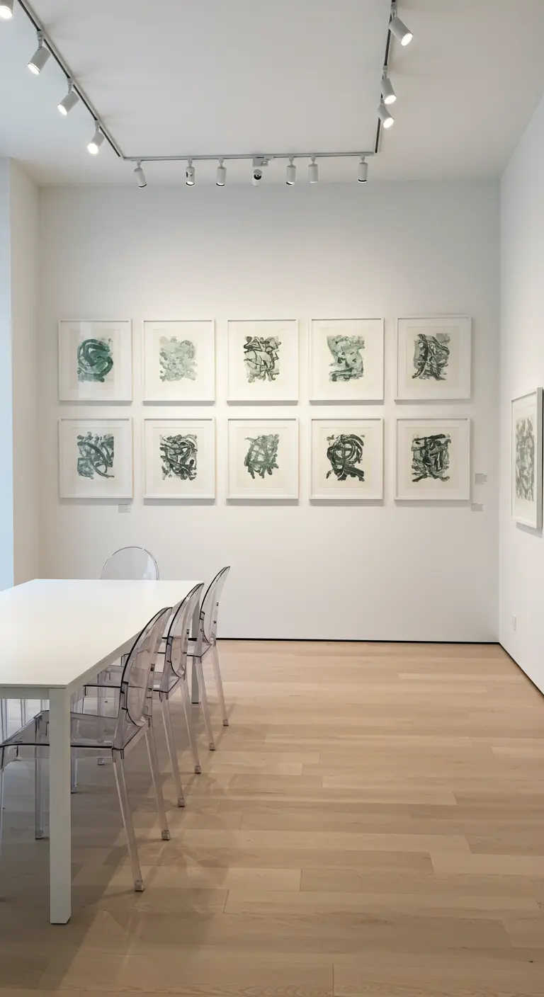 Comedor estilo galería con una retícula de cuadros abstractos y sillas transparentes.