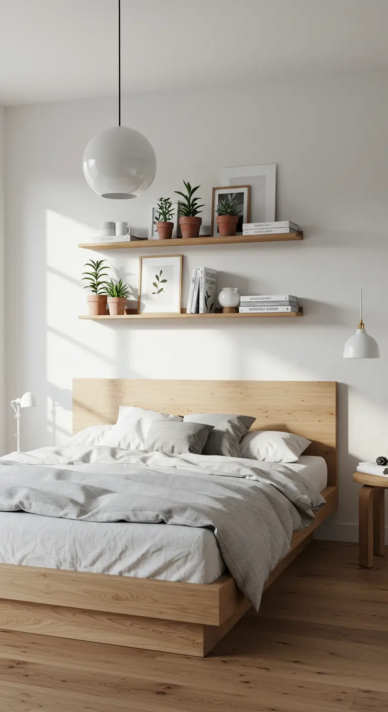 Estanterías flotantes de madera sobre una cama con plantas, libros y marcos de fotos.