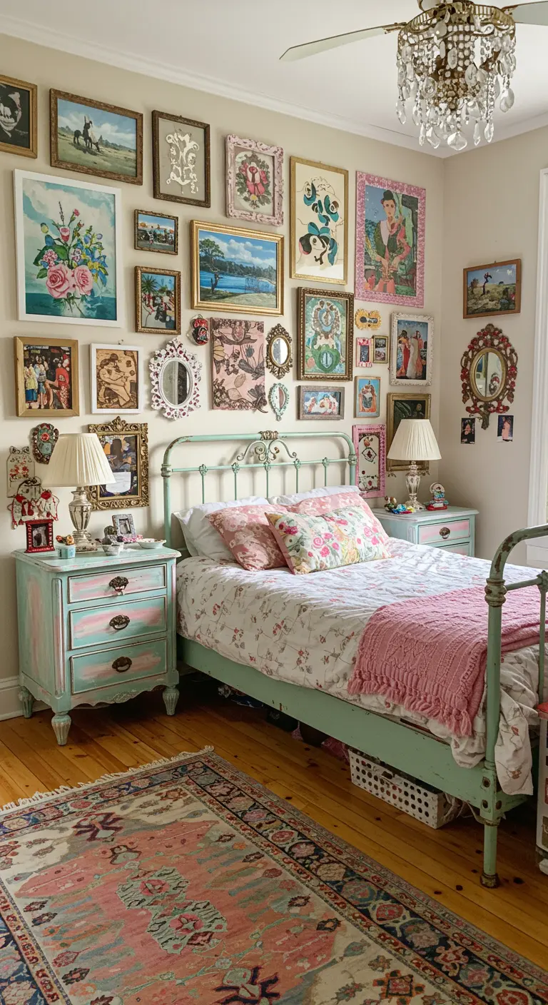 Dormitorio ecléctico con una pared completamente cubierta de cuadros y marcos de estilo vintage.