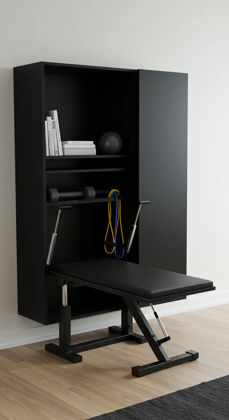 Mueble de pared negro que se despliega en un banco de gimnasio con pesas y accesorios dentro.