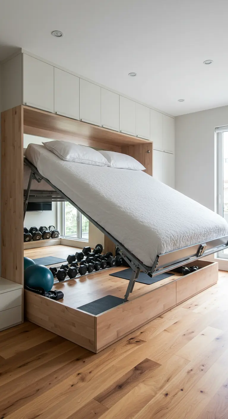 Cama abatible de madera levantada, revelando un espacio de gimnasio con pesas.