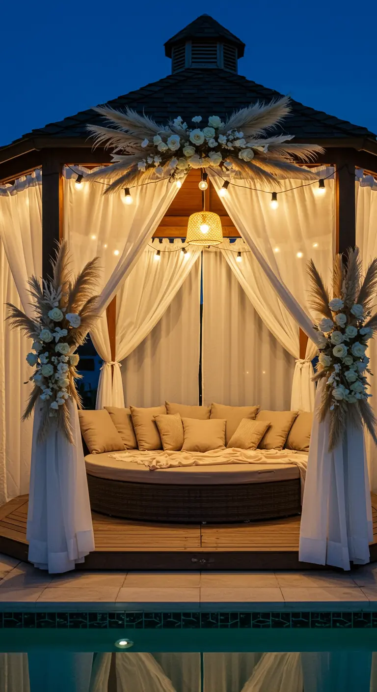Cenador de madera junto a una piscina, decorado con cortinas blancas, luces y pampas.