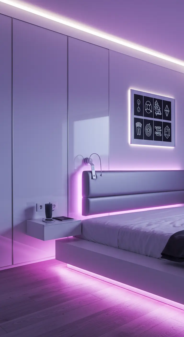 Dormitorio moderno con iluminación LED ambiental de color púrpura y cama flotante.