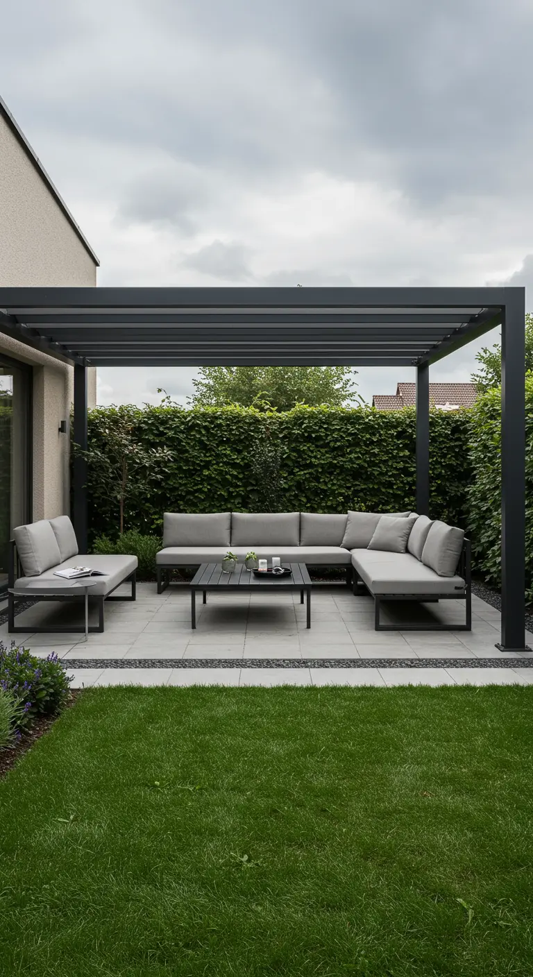 Pérgola moderna de aluminio oscuro con sofás grises debajo, creando una zona de estar en el patio.