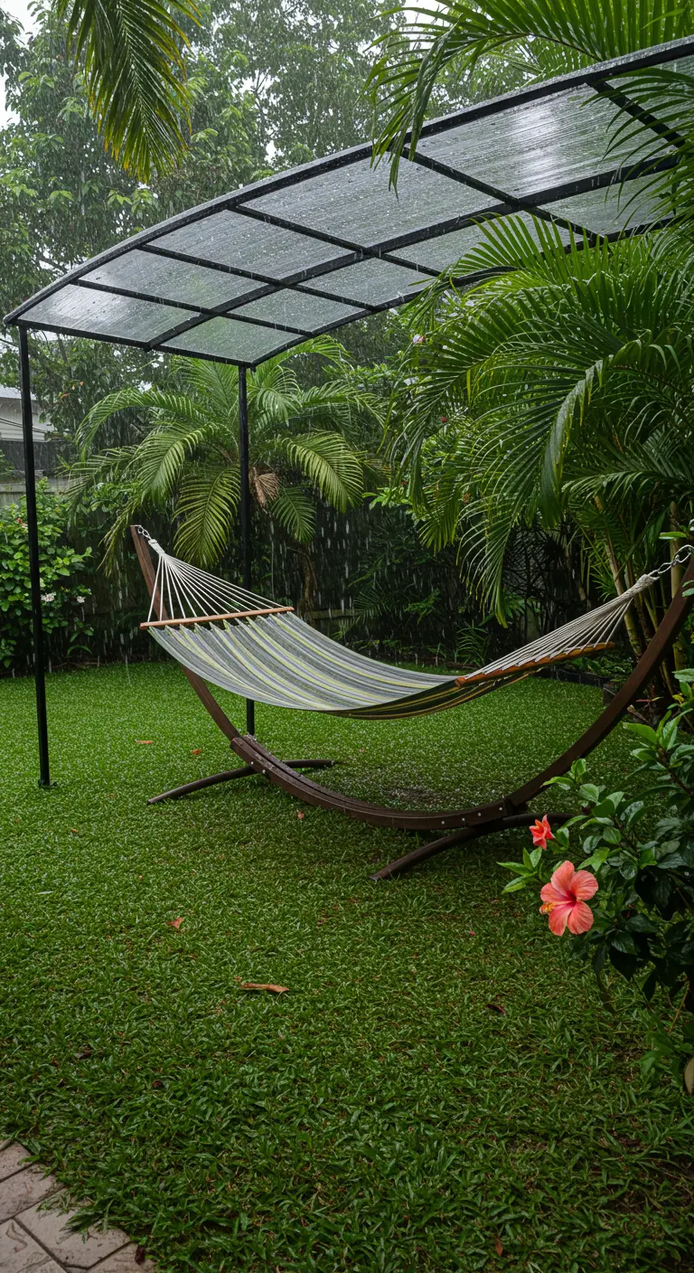 Jardín con una hamaca bajo un techo transparente mientras llueve, rodeada de vegetación.