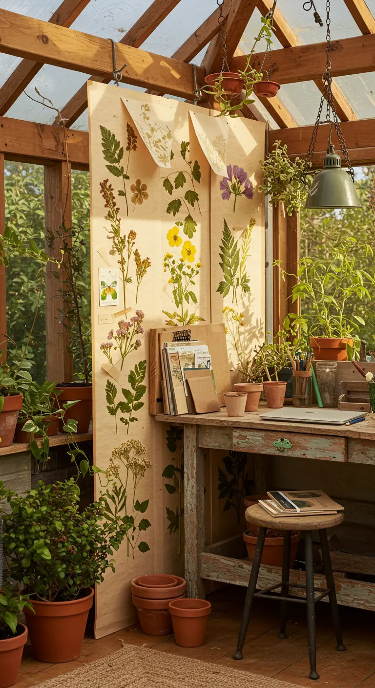Rincón de trabajo en un invernadero, separado por unos paneles de papel con flores prensadas.