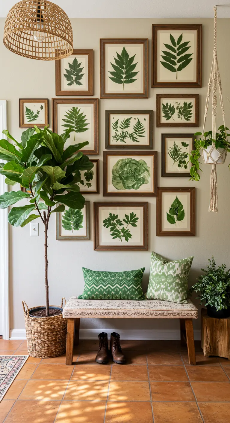Pared de galería con múltiples láminas botánicas de diferentes tamaños sobre un banco de madera