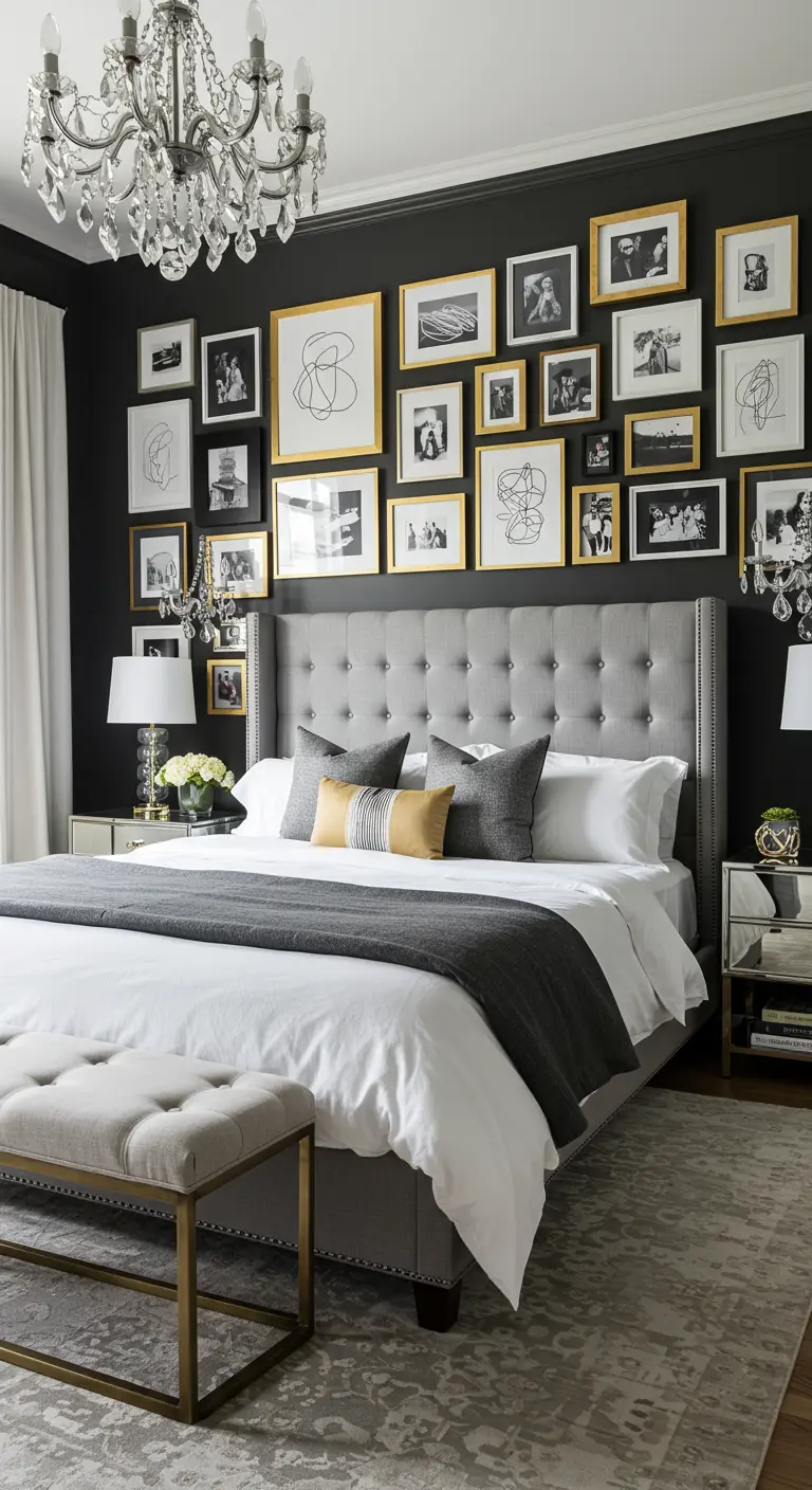 Elegante galería de arte con marcos dorados y fotos en blanco y negro sobre una cama gris.