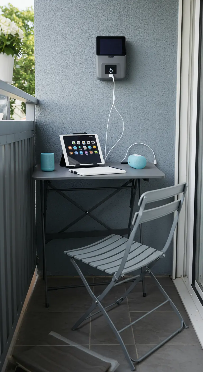 Escritorio plegable gris con una tablet y un cargador solar en la pared de un balcón.