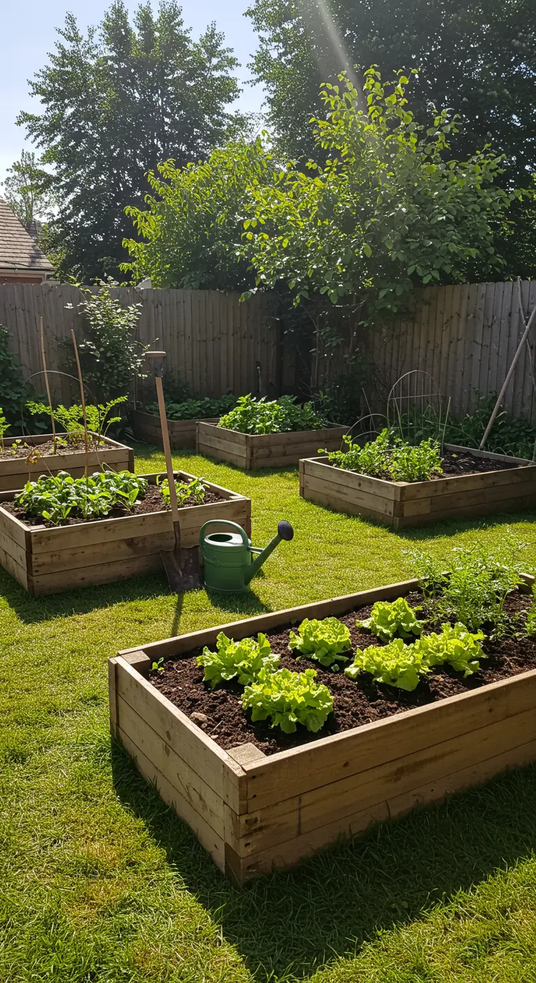 Varias camas de cultivo elevadas hechas con madera de pallet en un jardín con césped.