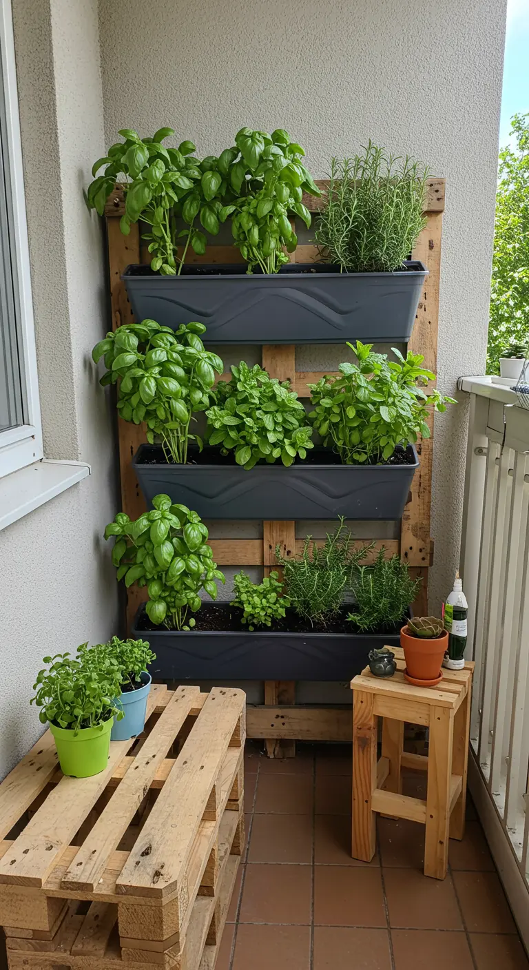 Un palet reutilizado como jardinera vertical para cultivar hierbas aromáticas en un balcón pequeño.