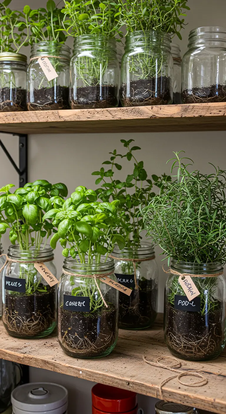 Frascos de vidrio con hierbas aromáticas como albahaca y romero, con etiquetas, en estantes de madera.