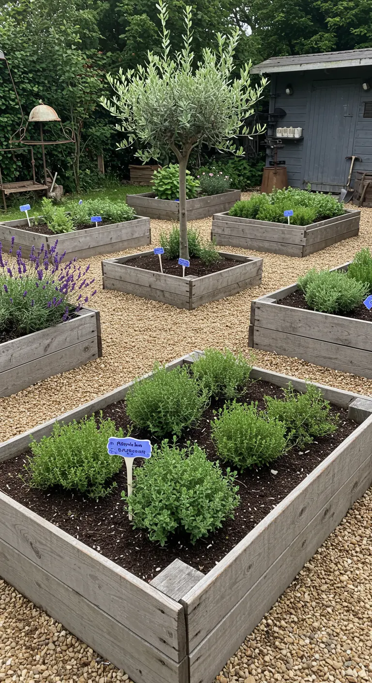 Huerto en bancales de madera con un olivo en el centro y diversas hierbas aromáticas