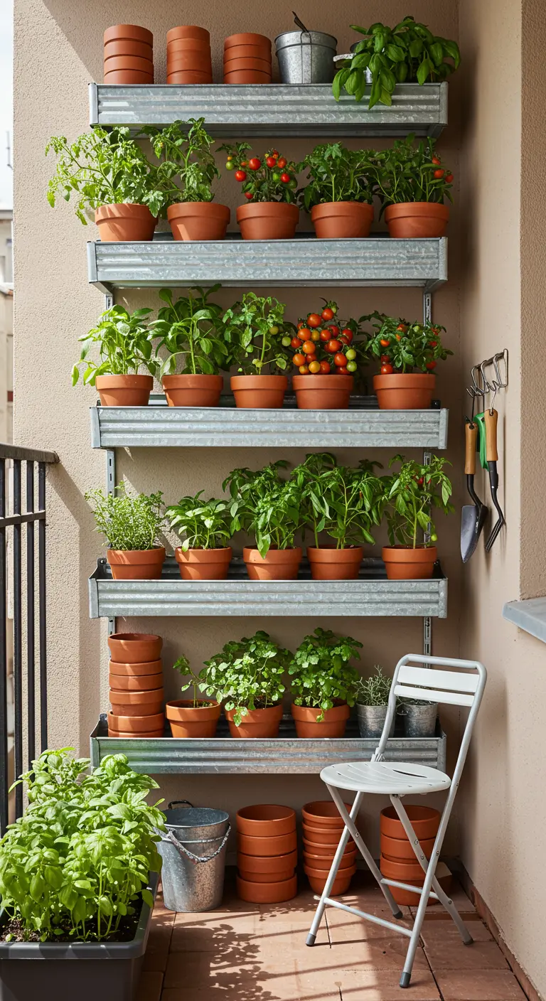 Estantería metálica de pared con macetas de terracota llenas de hierbas y tomates.
