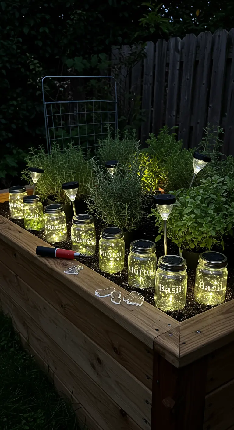 Frascos con luces solares y nombres de hierbas, colocados en una jardinera de madera elevada.