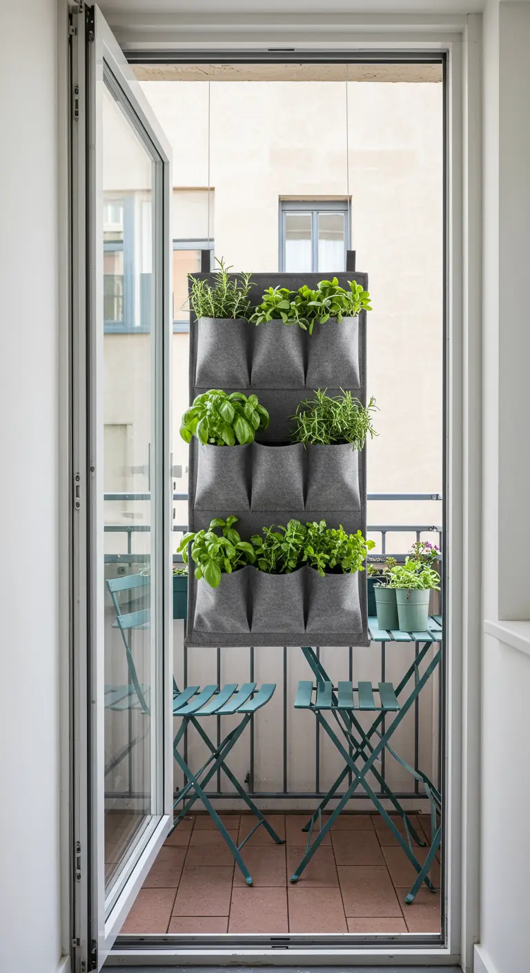 Jardinera vertical de tela gris con hierbas frescas colgada en una puerta de cristal de balcón.