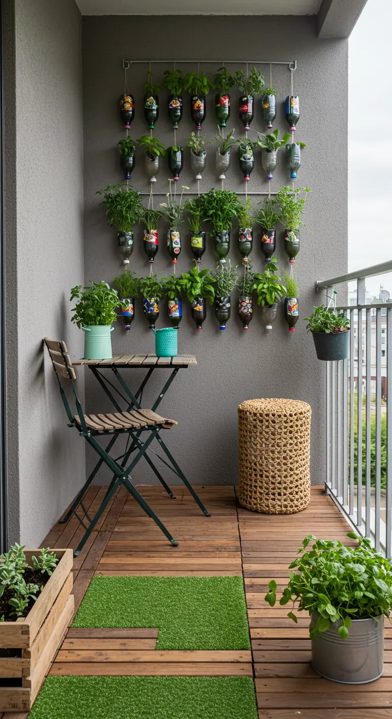 Jardín vertical en un balcón hecho con botellas de plástico recicladas para cultivar hierbas y plantas.