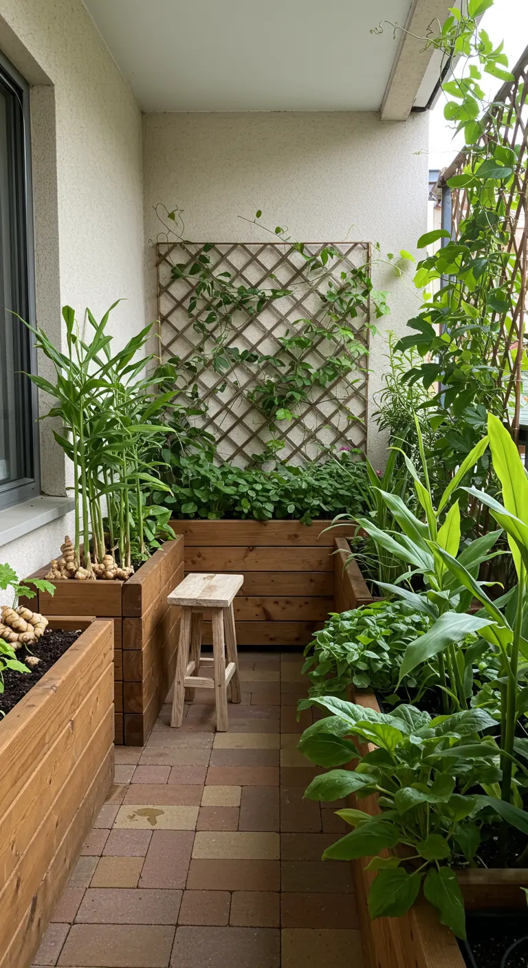 Balcón convertido en huerto urbano con jardineras de madera elevadas y una celosía con plantas trepadoras.