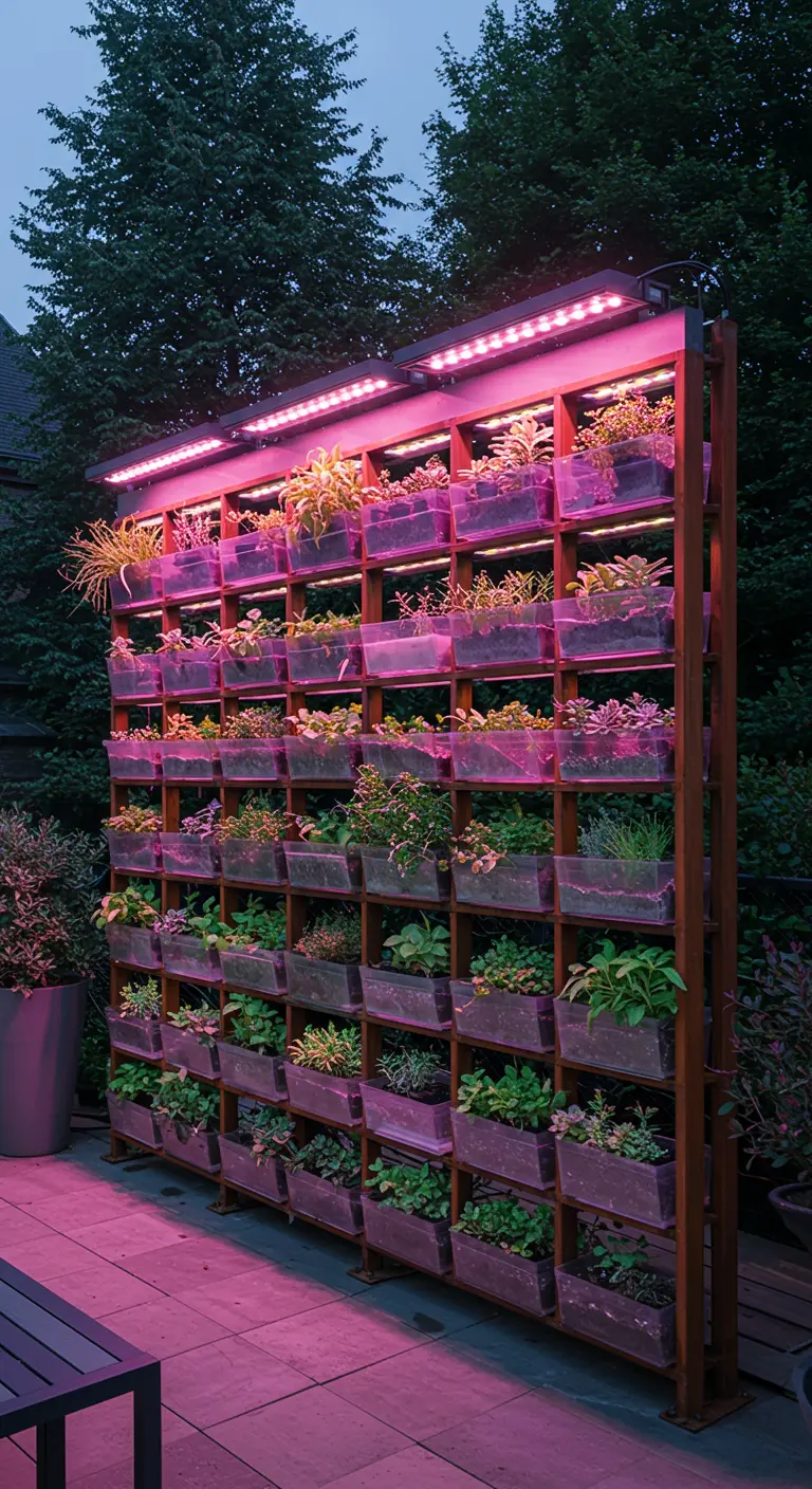 Jardín vertical con hierbas y plantas en macetas, iluminado por luces de cultivo LED de color rosa.