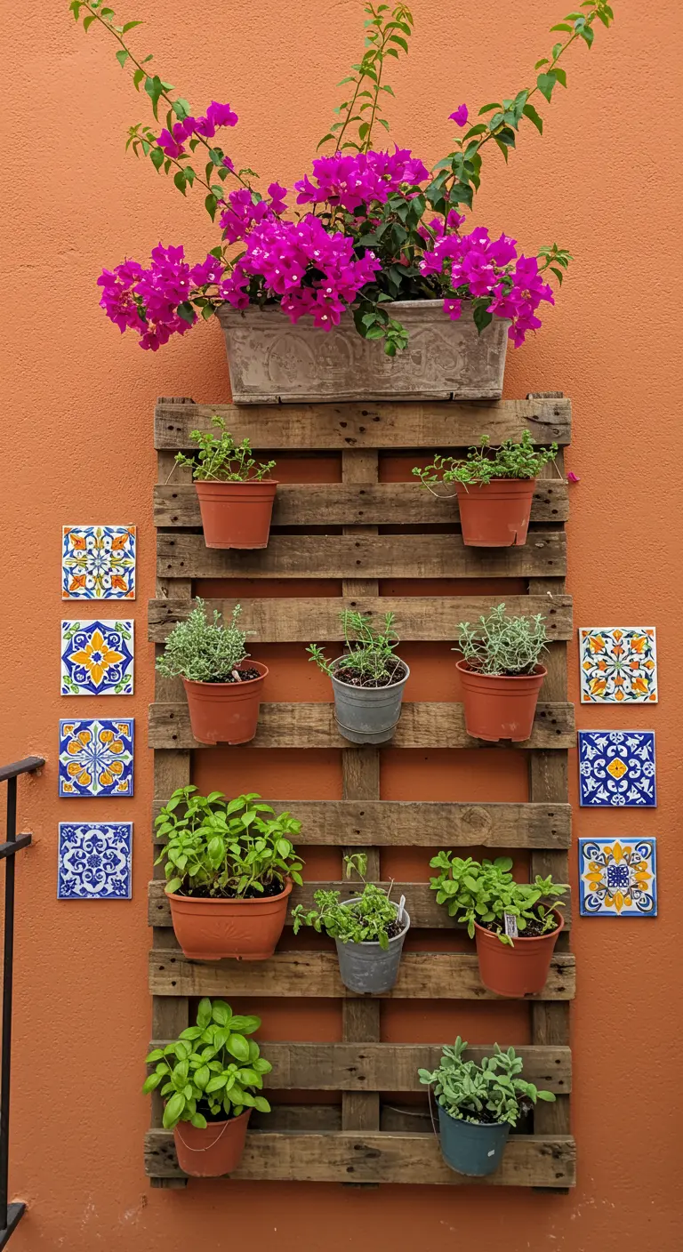Palet de madera colgado en una pared naranja, usado como jardinera vertical con hierbas y decorado con azulejos.