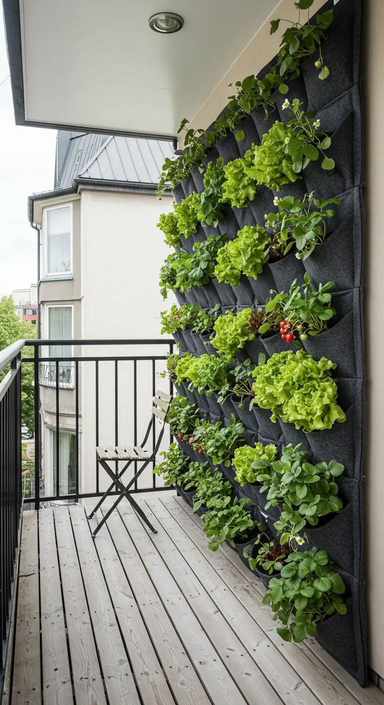 Jardín vertical en un balcón con lechugas y fresas creciendo en bolsillos de fieltro.