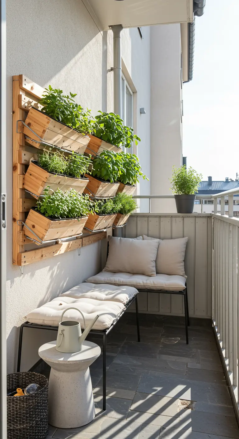 Balcón escandinavo con un jardín vertical de hierbas aromáticas y un banco con cojines beige.