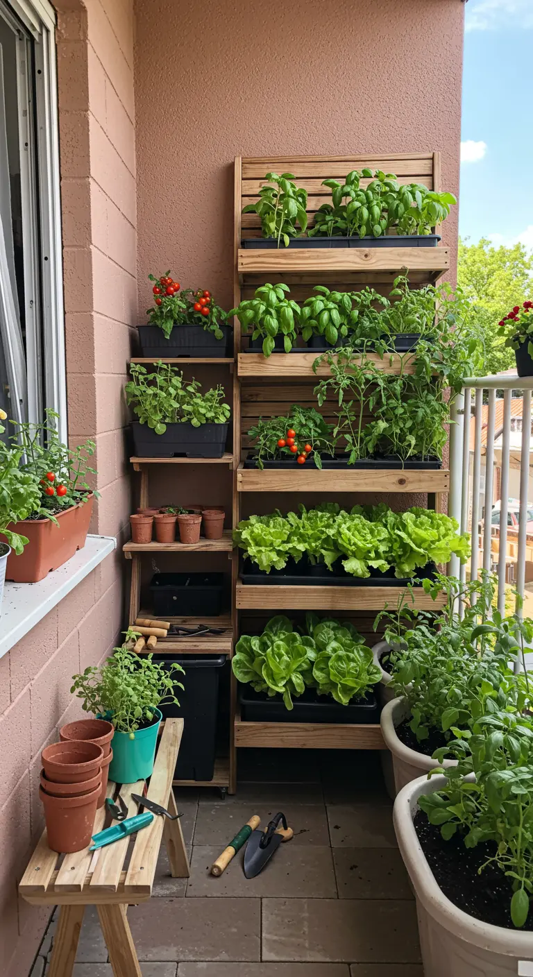 Huerto vertical de madera en un balcón estrecho con lechugas, tomates y hierbas.