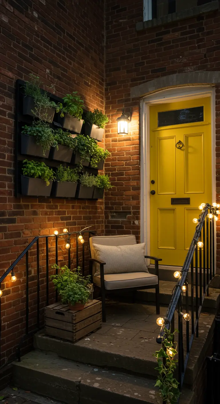Entrada urbana con jardín vertical, puerta amarilla y una silla acogedora con luces.