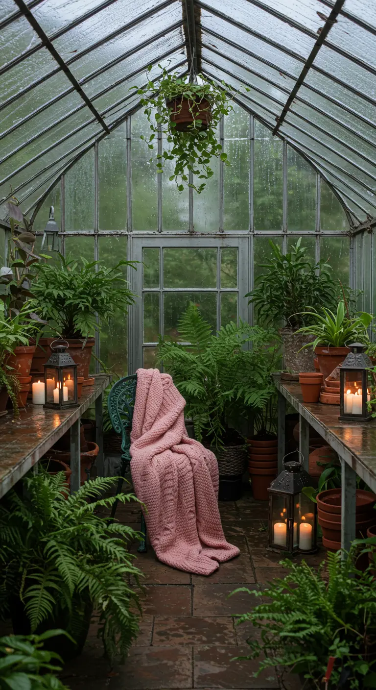 Interior de un invernadero lleno de plantas, con una silla, una manta rosa y varios faroles encendidos.