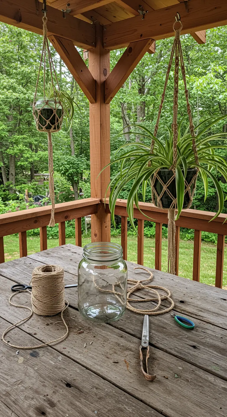Proceso de creación de un colgador de plantas de macramé con un frasco de vidrio y yute.
