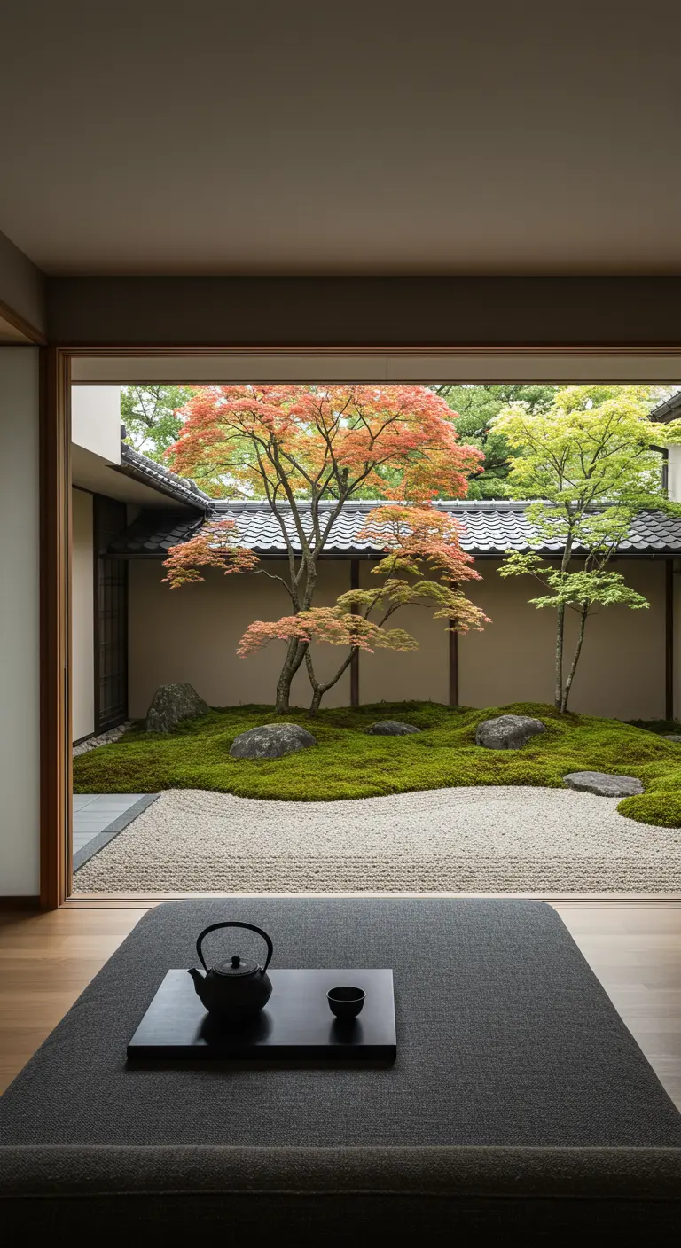 Sala de estar japonesa minimalista con una gran ventana que da a un sereno jardín japonés.