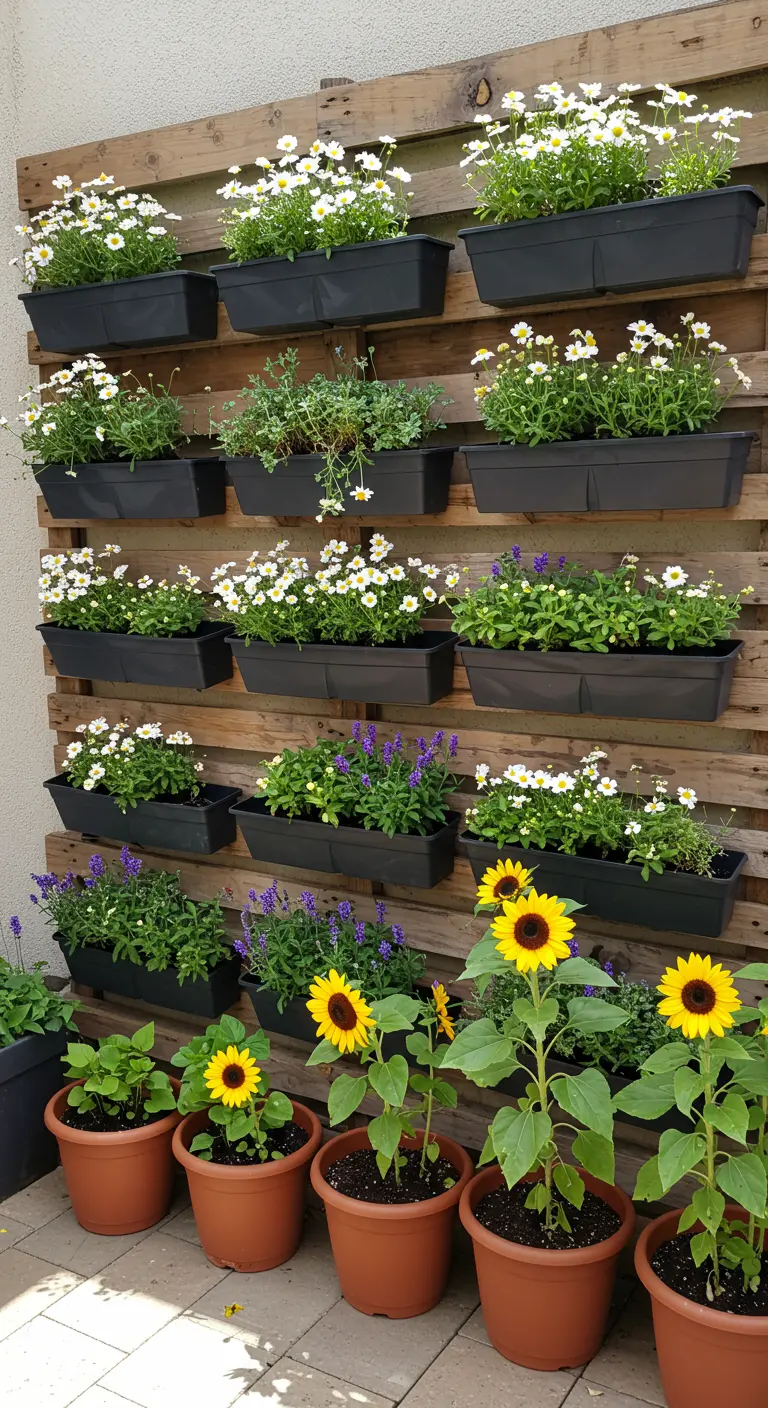 Jardín vertical hecho con un palet de madera, con jardineras de margaritas y lavanda, y girasoles en macetas debajo.