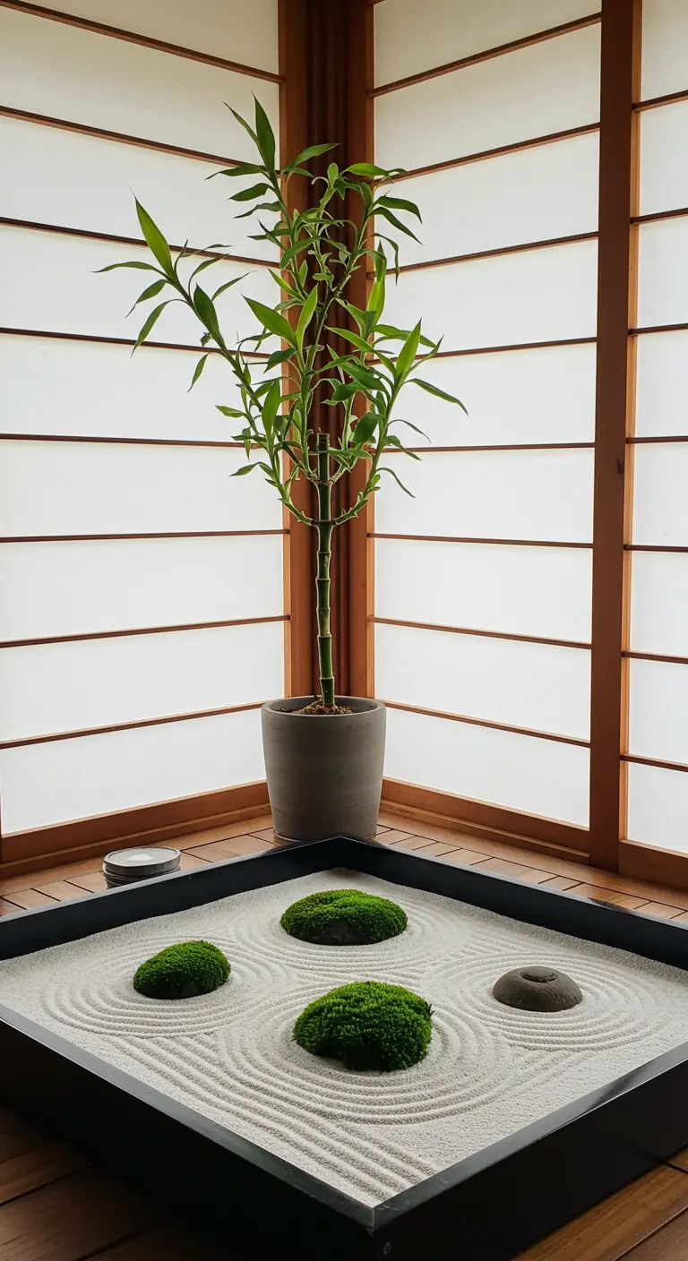 Jardín zen de sobremesa con arena blanca rastrillada, musgo y piedras, frente a una pantalla shoji.