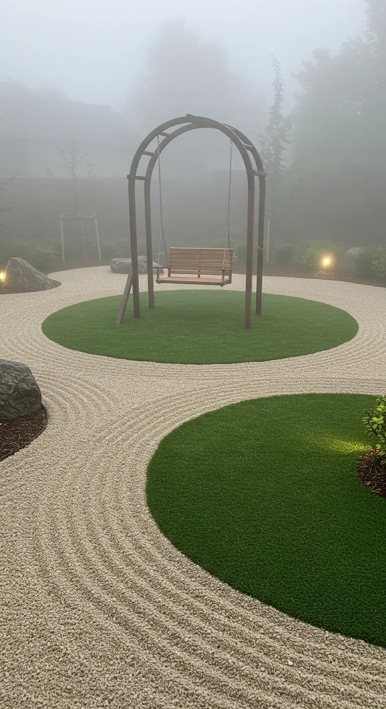 Jardín zen con círculos de césped artificial, arena rastrillada y un columpio bajo un arco