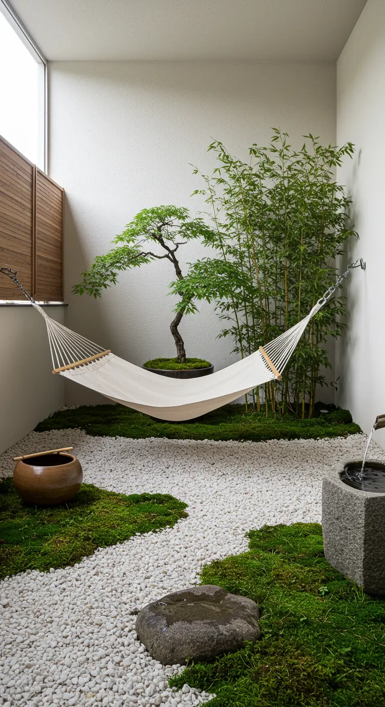 Patio de estilo zen con hamaca blanca, grava, musgo, un bonsái y una pequeña fuente de agua