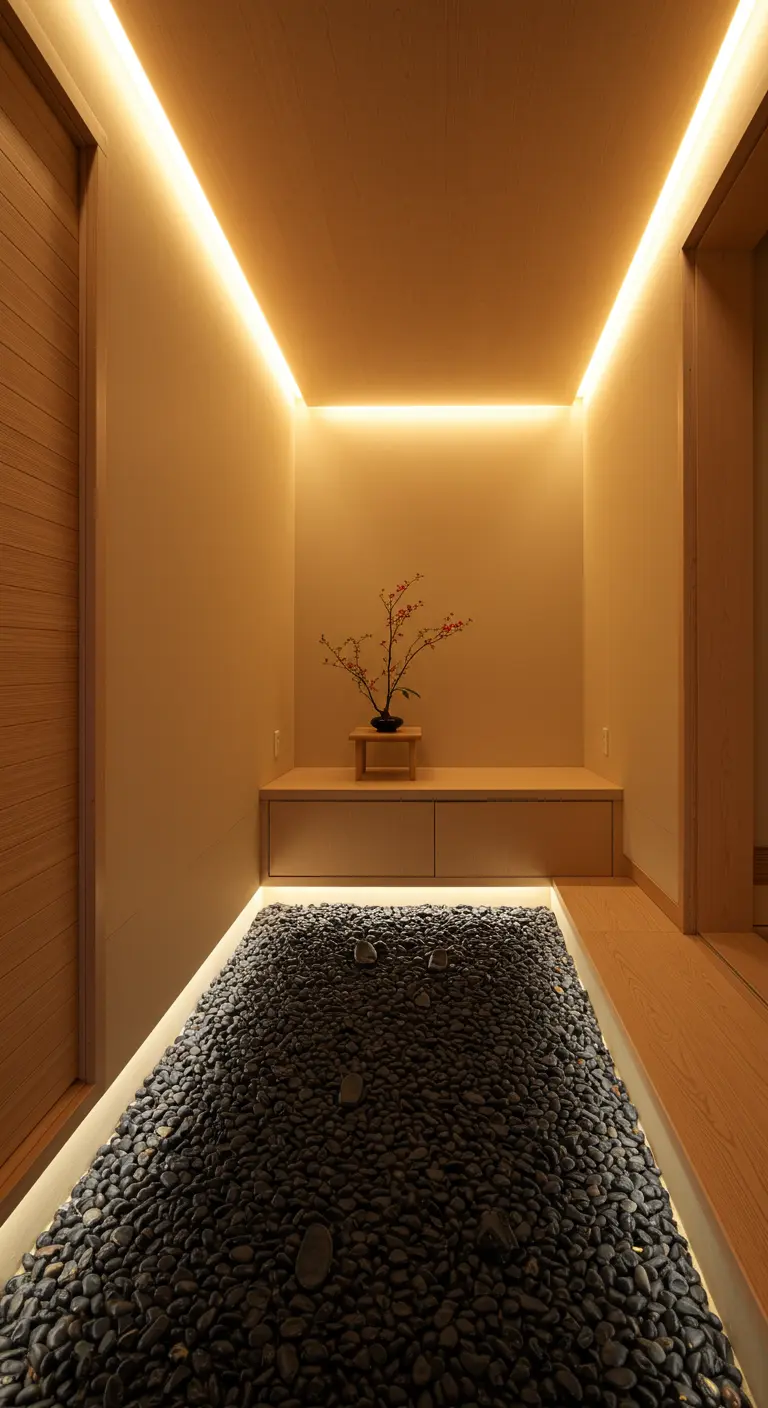 Entrada japonesa con jardín de piedras negras iluminado desde abajo.