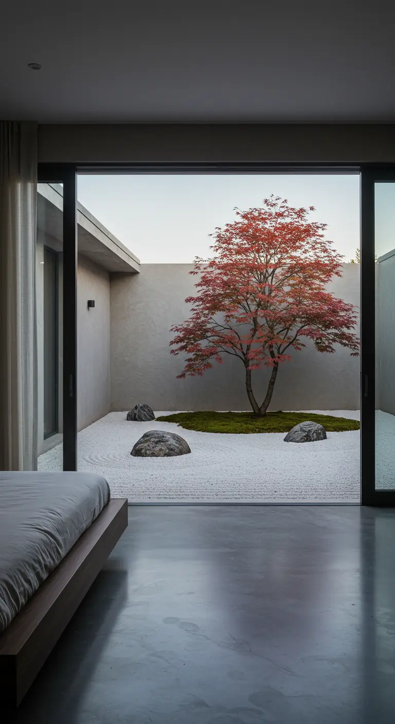 Dormitorio que se abre a un patio con un jardín zen japonés.