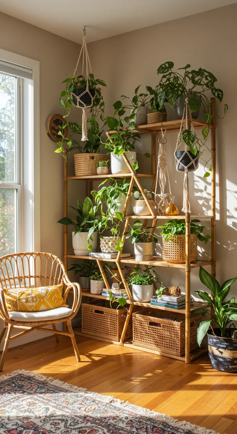 Estantería de bambú en una esquina soleada, repleta de plantas de interior y cestas de mimbre.