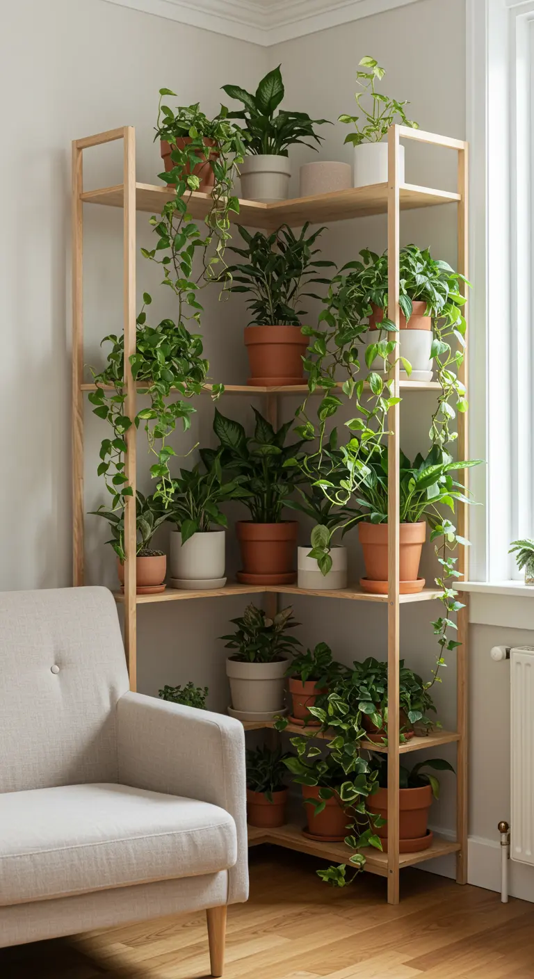 Estantería de esquina de madera clara llena de diversas plantas de interior en macetas.