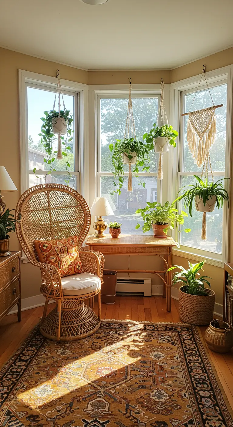 Rincón de estudio bohemio con silla de mimbre tipo pavo real, plantas colgantes y una alfombra persa.